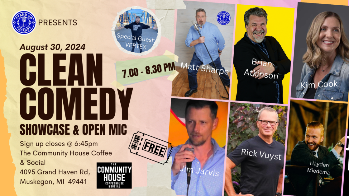 Brian Atkinson performs at a Clean Comedy showcase at Community House Coffee & Social in Muskegon, MI on Friday, August 30 at 7:00pm, hosted by Matt Sharpe.