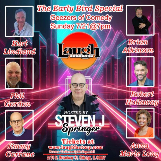 Brian Atkinson performs at the Laugh Factory Chicago, 7:00pm Sunday, July 21, with a group of "more experienced" (over 55) comics in The Early Bird Special showcase.