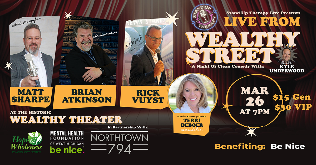 Brian Atkinson appears with Matt Sharpe, Rick Vuyst, Kyle Underwood, and special guest Terri DeBoer in a Clean Comedy Show at the Wealthy Theatre, Wednesday, March 26.